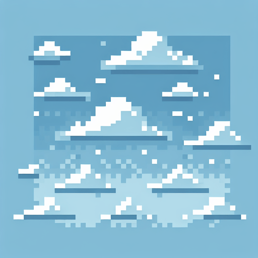 8-bit pixelated background of a minimalist cloudy sky. keep it simple with a light blue sky of a single color and a few pixelated clouds scattered around.
Single Game Texture. In-Game asset. 2d. Blank background. High contrast. No shadows.