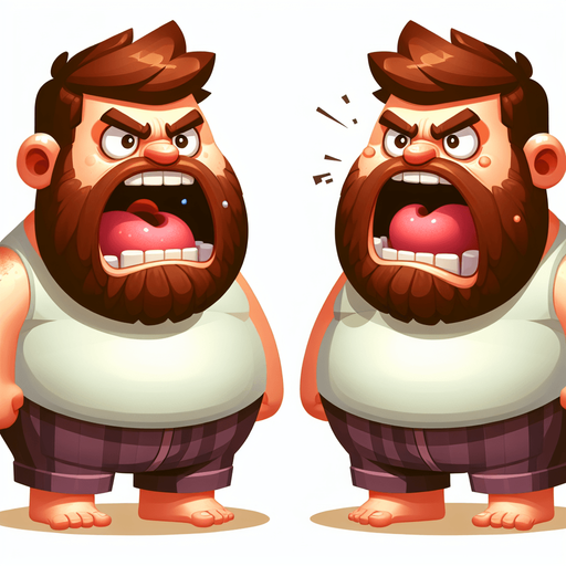 small figure of one funny and fat angry man, with brown beard and open mouth,   2d game character.
Single Game Texture. In-Game asset. 2d. Blank background. High contrast. No shadows.