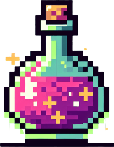 8-bit pixelated invisibility potion powerup.
Single Game Texture. In-Game asset. 2d. Blank background. High contrast. No shadows.