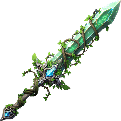 Magical elemental crystal sword made of stone and green vines..
Single Game Texture. In-Game asset. 2d. Blank background. High contrast. No shadows.