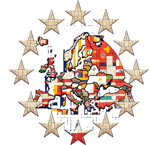 A patchwork of european countries with the european unio flag in back ground..
Single Game Texture. In-Game asset. 2d. Blank background. High contrast. No shadows.