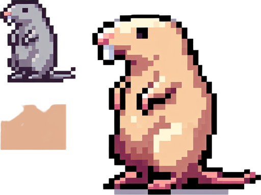 pixel art. mole rat standing up..
Single Game Texture. In-Game asset. 2d. Blank background. High contrast. No shadows.