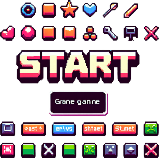 In game text that says ''Start''. I want the art style to reflect a classic 16-bit retro pixel art aesthetic, reminiscent of early 1990s RPGs with vibrant colors..
Single Game Texture. In-Game asset. 2d. Blank background. High contrast. No shadows.