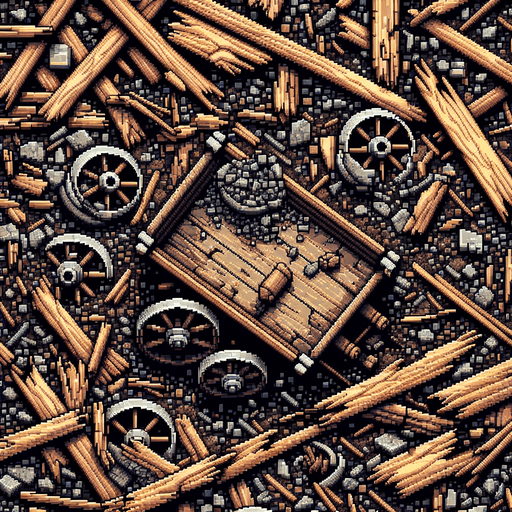 wrecked wood boards and small metal wheels (rests of a miner's wagon).
Pixel art. close Zenith view.