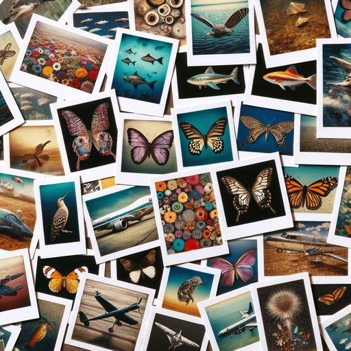 a multitude of polaroids in bulk, with photos of birds, fishes, butterflies, planes....