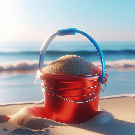 beach construction toys. red bucket with blue handle..
photorealistic