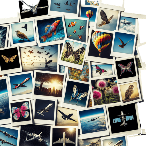 a multitude of polaroids in bulk, with photos of birds, fishes, butterflies, planes, hot air baloons, satelites, dragonflies.....