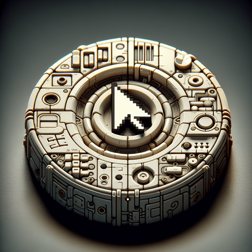 a button with a scroll and a computer cursor on it.
Single Game Texture. In-Game asset. 2d. Blank background. High contrast. No shadows.