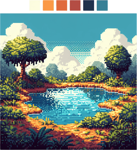 background of a pond in the middle of the nature. pixelated 8-bit.
Single Game Texture. In-Game asset. 2d. Blank background. High contrast. No shadows.