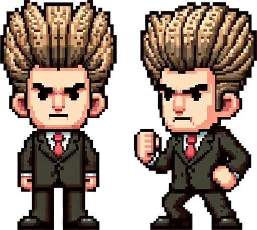 a 2d funny character in 8-bit and cartoon of donald trump. generate 2 images, one standing still and one running..