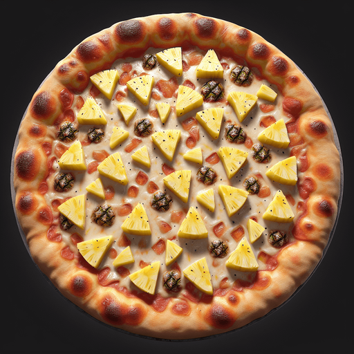 Pizza à l'ananas.
Single Game Texture. In-Game asset. 2d. Blank background. High contrast. No shadows.