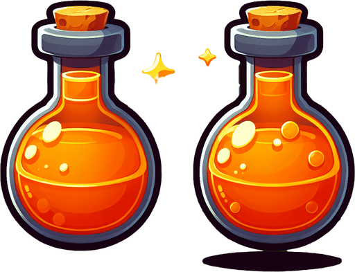 potion magique orange.
Single Game Texture. In-Game asset. 2d. Blank background. High contrast. No shadows.