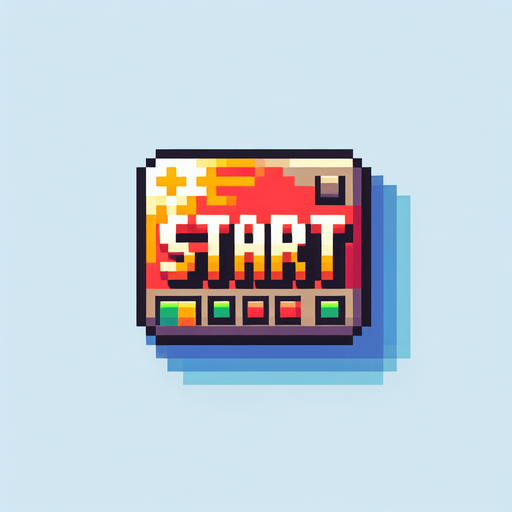 In game text that says ''Start''. I want the art style to reflect a classic 16-bit retro pixel art aesthetic, reminiscent of early 1990s RPGs with vibrant colors..
Single Game Texture. In-Game asset. 2d. Blank background. High contrast. No shadows.