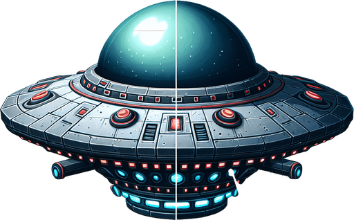 a 2d ufo sideview.
Single Game Texture. In-Game asset. 2d. Blank background. High contrast. No shadows.