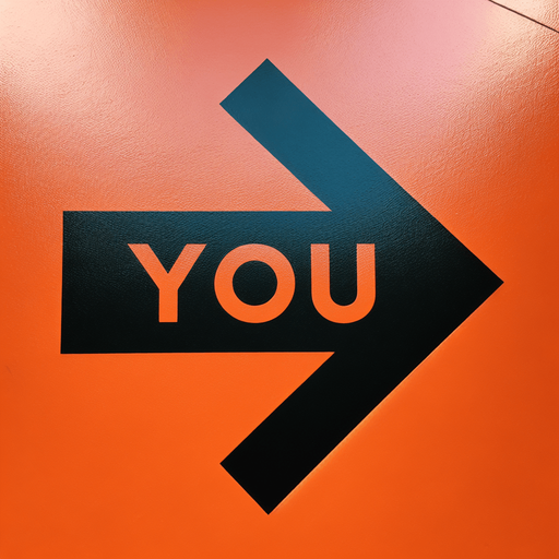 A big black horizontal arrow pointing left with centred text 'YOU' in capital letters, painted on an orange floor..
horizontal and pointing left