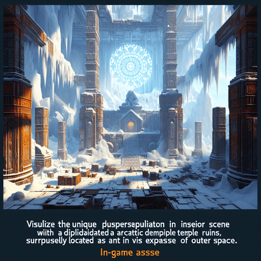 Interior of arctic temple ruins in outerspace..
Single Game Texture. In-Game asset. 2d. Blank background. High contrast. No shadows.