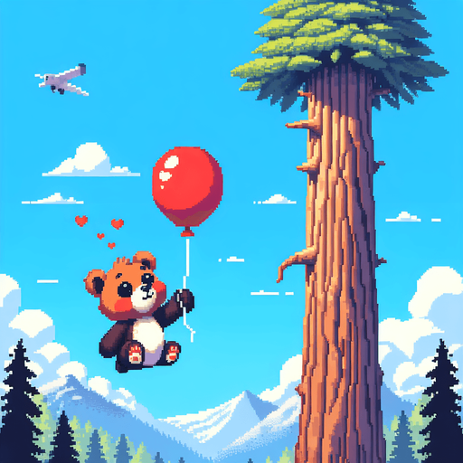 pixel art. a full screen illustration. a likeable and very satiated and content little bear cub with a red baloon is flying away from an incredibly tall redwood tree at considerable height. It's a bright summer day with a clear blue sky. Forest covered mountains in the distance. The overall feel should be happy complacency, even in a place of peril..
Single Game Texture. In-Game asset. 2d. Blank background. High contrast. No shadows.