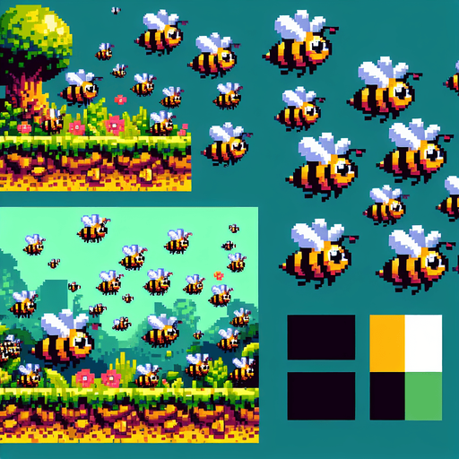 pixel art. some angry bees..
Single Game Texture. In-Game asset. 2d. Blank background. High contrast. No shadows.