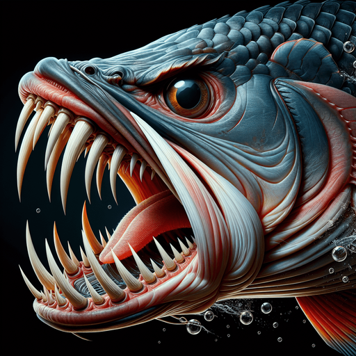 Classic fish with fangs lateral view..
2024 game style. Photorealistic