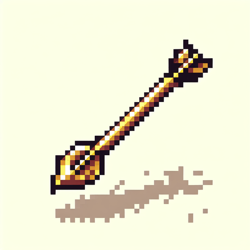 a straight crossbow bolt made of gold. top down view. pixelart. bolt only, crossbow not included. vertical display, from bottom to top. Single Game Texture. In-Game asset. 2d. Blank background. High contrast. No shadows.