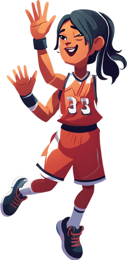 Create a cartoon-style illustration of a basketball player in a shooting pose with hands raised in the air. This character should not be holding a basketball. Emphasize the cartoonish features, exaggerate expressions, and ensure the absence of a basketball in the scene. The goal is to capture a lively and playful cartoon character ready to shoot, with a focus on dynamic and exaggerated elements.