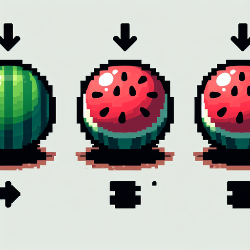 Water mellon sprite sheet: Full, Chopped left part, Chopped right part..
Single Game Texture. In-Game asset. 2d. Blank background. High contrast. No shadows.