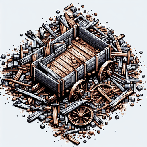 wrecked wood boards and small metal wheels (rests of a miner's wagon).
Pixel art. close Zenith view.