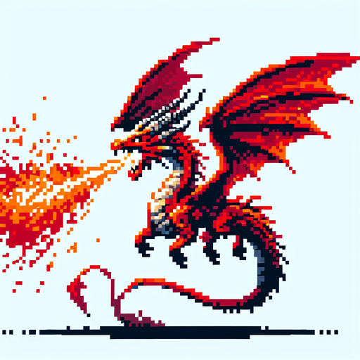 A flying red dragon breathing fire. side view. enemy character in a game. pixelart..
Single Game Texture. In-Game asset. 2d. Blank background. High contrast. No shadows.