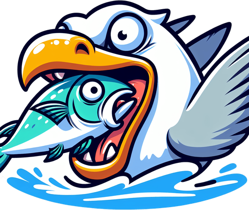 create a cartoon-style illustration of a seagul's face chomping down on a fish make it comical..
Single Game Texture. In-Game asset. 2d. Blank background. High contrast. No shadows.