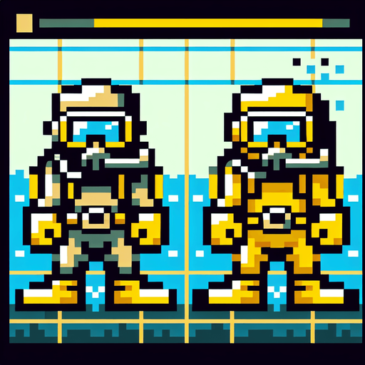 8-bit. cartoon. scubadiver. yellow. oldschool..
Single Game Texture. In-Game asset. 2d. Blank background. High contrast. No shadows.