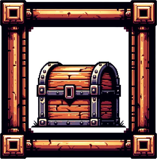 8bit, cartoon, treasure chest frame. very big empty center. only a fine border of chest.
Single Game Texture. In-Game asset. 2d. Blank background. High contrast. No shadows.