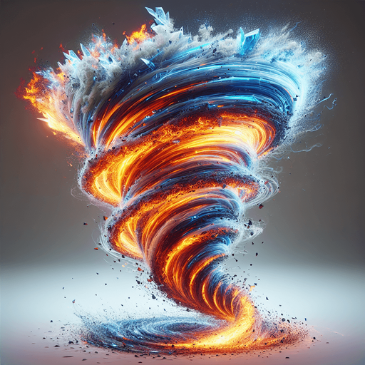 Tornado of chaotic elemental energy with bands of fire, ice, and stone..
Single Game Texture. In-Game asset. 2d. Blank background. High contrast. No shadows.