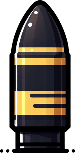 make a single black bullet with yellow lines..
Single Game Texture. In-Game asset. 2d. Blank background. medium contrast. No shadows. cartoony. birdside view. full body. not facing the camera