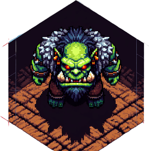 an orc warrior with a large head and red eyes. pixelart. top down view. Single Game Texture. In-Game asset. 2d. Blank background. High contrast. No shadows.