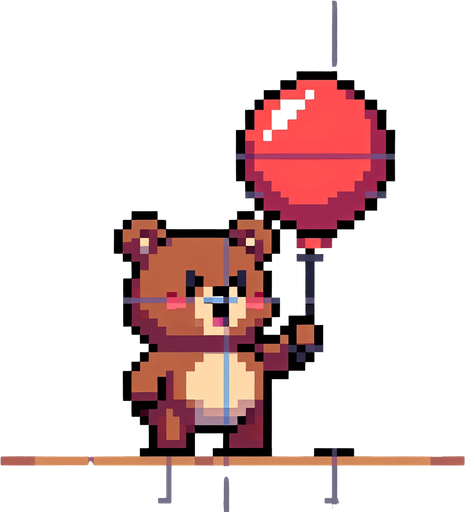 pixelart. a smiling brown bear holding a red baloon, that is lifting it upwards..
Single Game Texture. In-Game asset. 2d. Blank background. High contrast. No shadows.