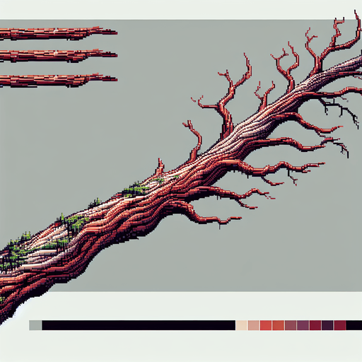 pixelart. A long horizontally growing  branch grown from a redwood tree. The tree itself should not be included in the image, only the branch..
Single Game Texture. In-Game asset. 2d. Blank background. High contrast. No shadows.