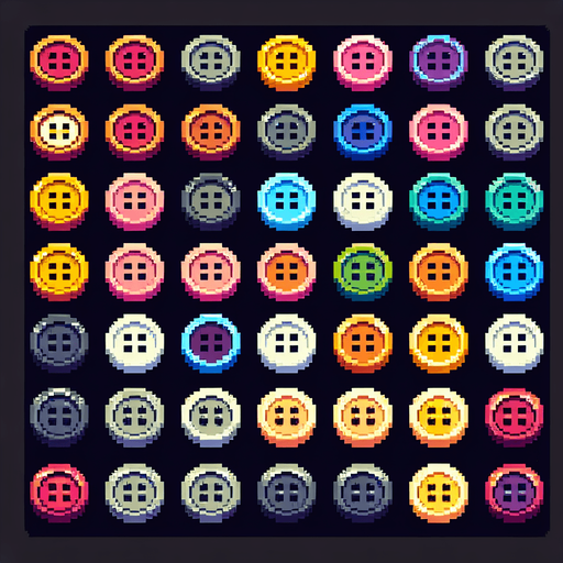 Create a sprite sheet featuring various sewing buttons. Each button should be distinct, with a cohesive color scheme containing a wide range of rainbow colors. The style should be detailed pixel art, reminiscent of classic 8-bit era video game. Arrange the components on a dark background, with each part neatly aligned in rows and columns for easy identification and use in game development..
Single Game Texture. In-Game asset. 2d. Blank background. High contrast. No shadows.