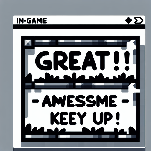 Words:
Great!
Awesome!
Keep it up!

(in nice white cartoon font with no background).
Single Game Texture. In-Game asset. 2d. Blank background. High contrast. No shadows.