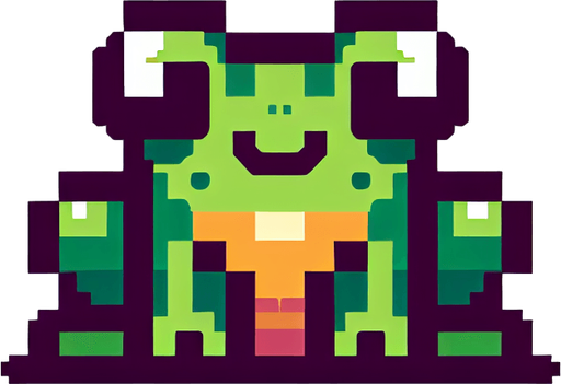 pixelated 8-bit cute sitting frog seen from the front.
Single Game Texture. In-Game asset. 2d. Blank background. High contrast. No shadows.