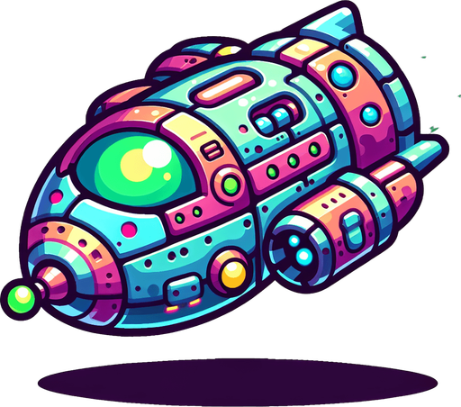 sci-fi cartoon spaceship.
Single Game Texture. In-Game asset. 2d. Blank background. High contrast. No shadows.