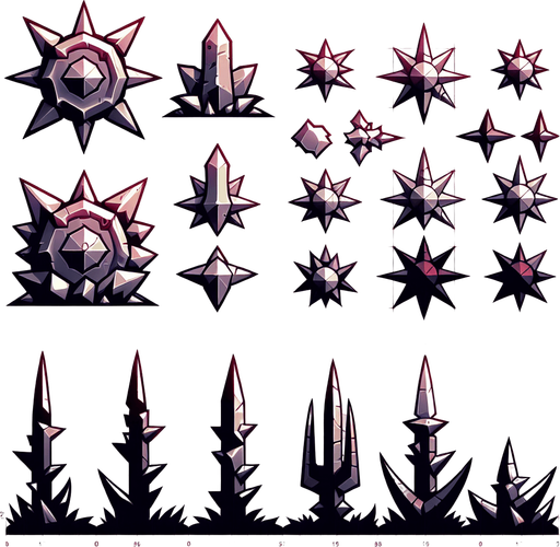 spikes.
Single Game Texture. In-Game asset. 2d. Blank background. High contrast. No shadows.