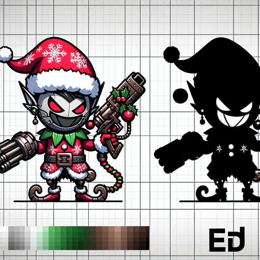 2d christmas evil robot elf with a gun Single Game Texture. In-Game asset. 2d. Blank background. High contrast. No shadows. Single Game Texture. In-Game asset. 2d. Blank background. High contrast. No shadows.