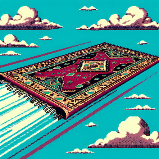 side view of a flat flying carpet heading to the right.
Retro gaming style