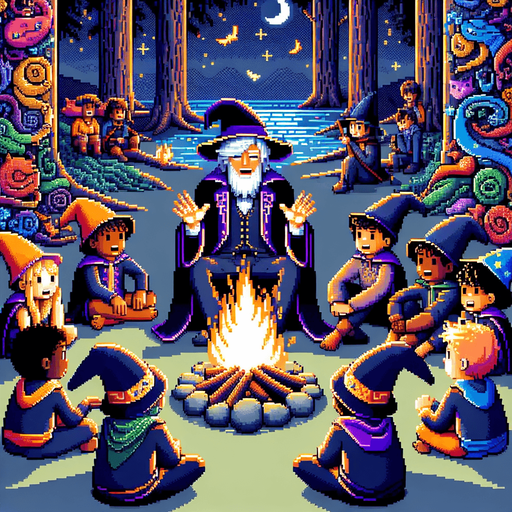 A campfire setting with a teacher and kids sitting down. Everyone dressed as wizards. I want the art style to reflect a classic 16-bit retro pixel art aesthetic, reminiscent of early 1990s RPGs with vibrant colors. The environment should have a rich, fantasy-themed design with intricate backgrounds and a nostalgic, old-school feel..
Single Game Texture. In-Game asset. 2d. Blank background. High contrast. No shadows.