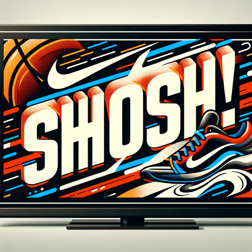 Text announcing 'Swoosh!'.
Basketball. Text only. Tv style ad.