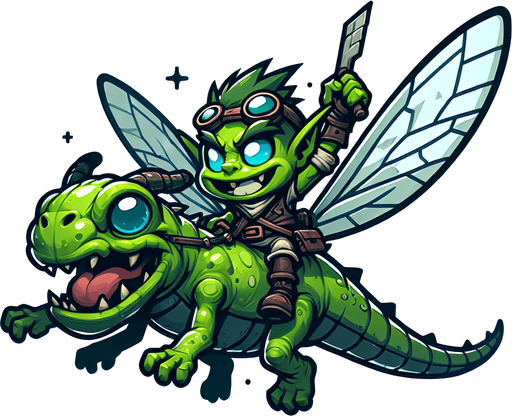 An evil snotling flying on a dragonfly. front view. enemy character in a game. Single Game Texture. In-Game asset. 2d. Blank background. High contrast. No shadows.