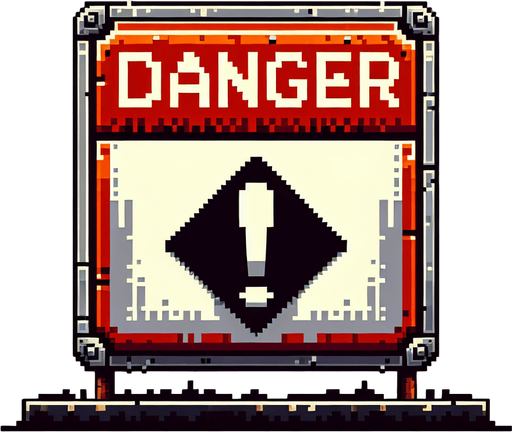 danger sign with an exclamation mark and the word 'danger' written on it, front view, I want the art style to reflect a classic 16-bit retro pixel art aesthetic, reminiscent of early 1990s RPGs..
Single Game Texture. In-Game asset. 2d. Blank background. High contrast. No shadows.