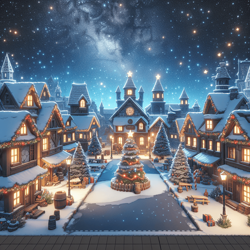 2d 3rd person front view of a christmas town square with a starry sky Single Game Texture. In-Game asset. 2d. Blank background. High contrast. No shadows.