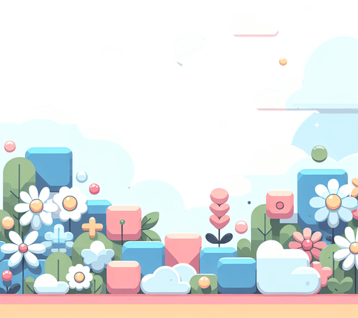 Background for relaxing puzzle game. Pastel colors, flat shaded, vector art. Flowers. Blocks. Relaxing. Clouds
Single Game Texture. In-Game asset. 2d. Blank background. High contrast. No shadows.