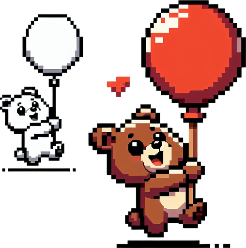 pixelart. a smiling brown bear holding a red baloon, that is lifting it upwards..
Single Game Texture. In-Game asset. 2d. Blank background. High contrast. No shadows.